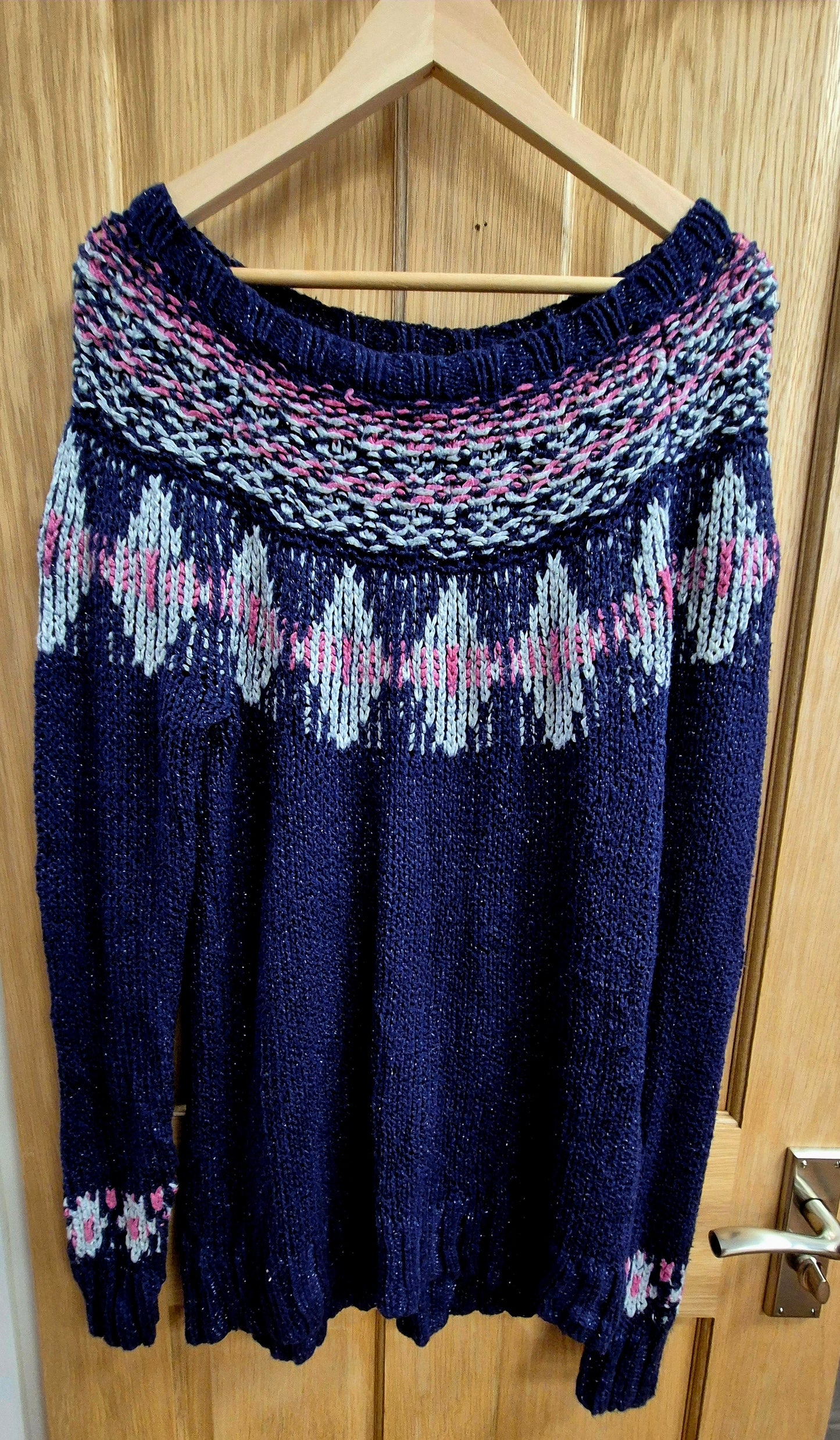 Vintage Fair Isle jumper. Long length with bardot neck line. Size 12/14