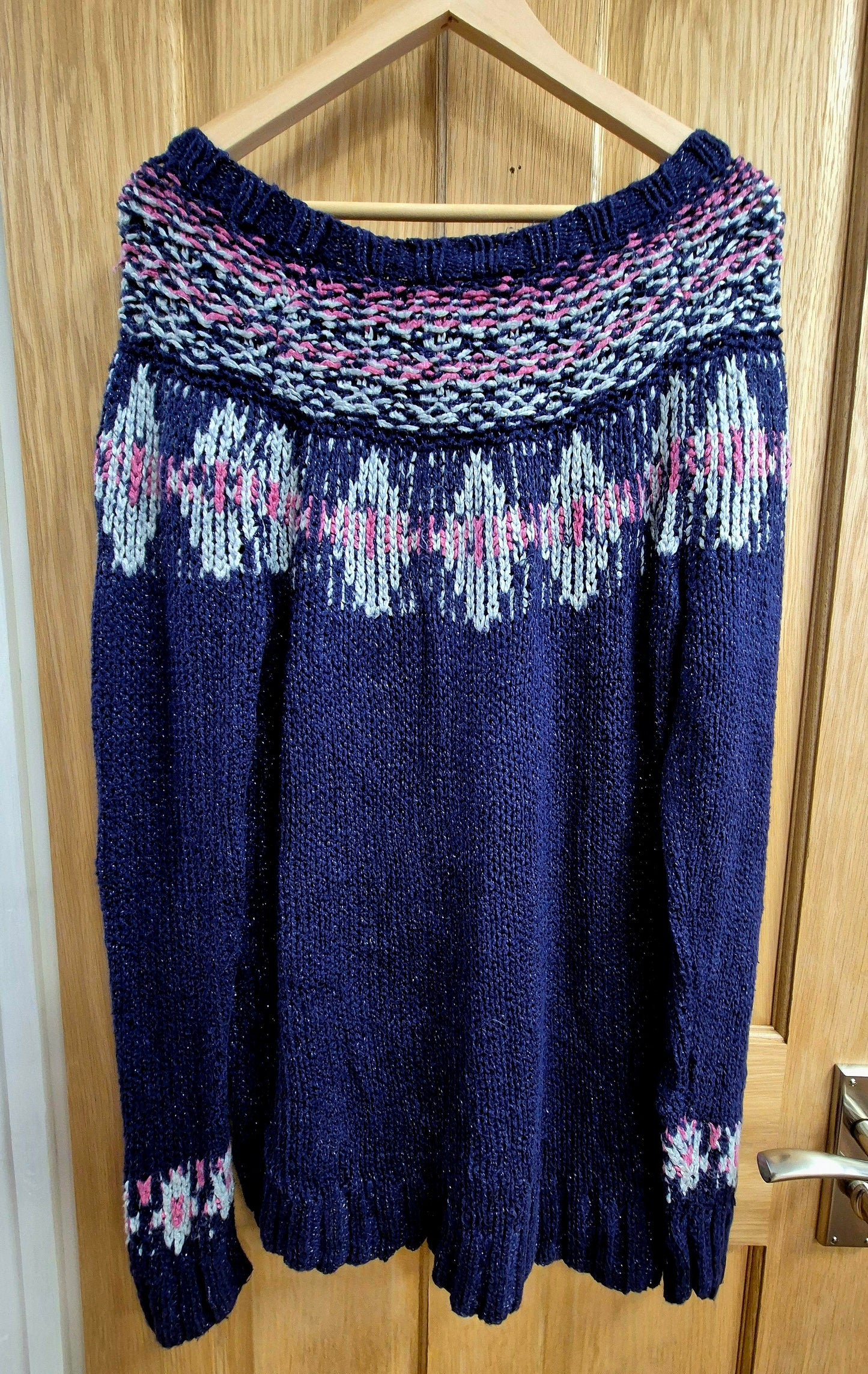 Vintage Fair Isle jumper. Long length with bardot neck line. Size 12/14