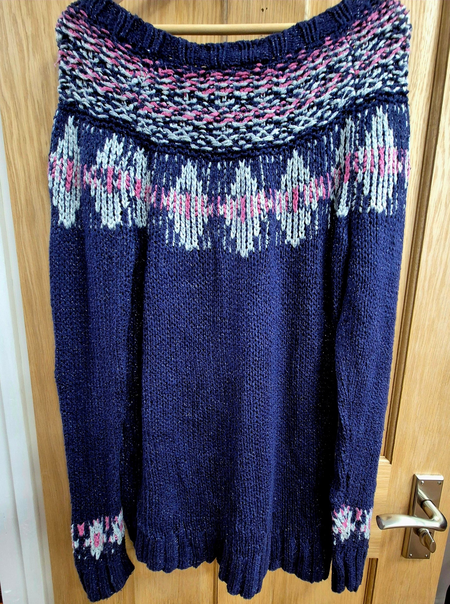 Vintage Fair Isle jumper. Long length with bardot neck line. Size 12/14